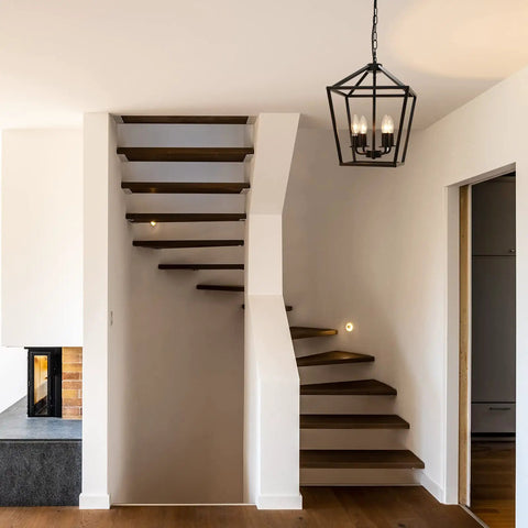 4 Light Lantern Pendant Light With Industrial Black Cage Farmhouse Chandelier in modern staircase setting
