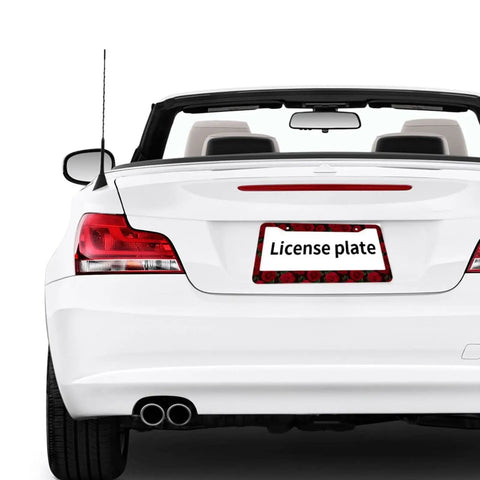 Rose Pattern License Plate Frames 2 Pack Aluminum Car Plate Covers With Coasters And Screws Dope Gift for Cars shown on convertible.