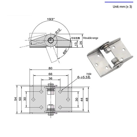Front view of 304 stainless steel damping hinge with adjustable torque; mounting plate with six holes.