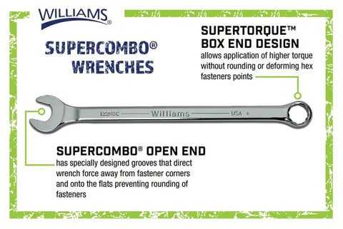 Seven Piece SAE Wrench Set With Open End Grooves includes a chrome wrench with SuperTorque box design and open end grooves.