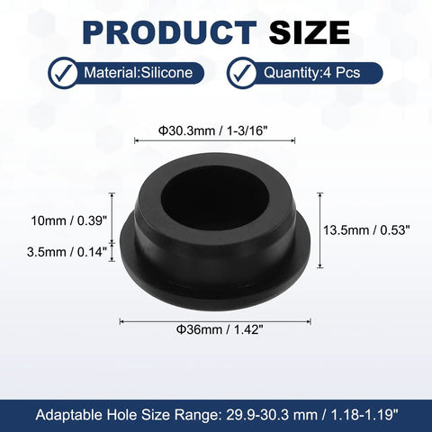 T Shaped Silicone Plugs 4 Pack 30.3mm Diameter Snap In Hole Seals Waterproof shown with detailed dimensions