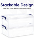 Stackable storage bins with latching lids, 22 qt capacity, clear polypropylene, ideal for space-saving organization.