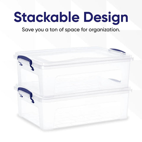 Clear Storage Boxes With Lids Hella Strong Plastic Organizer Bins Stackable Crate BPA Free Non Toxic Containers For Home Office Dorm Closet Organization Major Storage Game Changer 22 Quart 12 Pack stacked with secure lids in clear plastic.