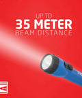 LED Flashlight 4 Pack With Eight AA Batteries Included Long Battery Life Up To 30 Hours shining 35-meter beam distance on red background