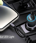 Road Ready MFi Certified Dual Port Car Charger Adapter With Snappy Coiled Cord delivers swift 4.8 amp output with blue LED light.