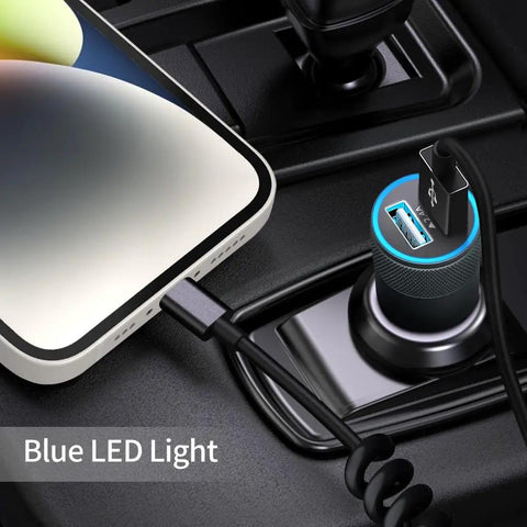 Road Ready MFi Certified Dual Port Car Charger Adapter With Snappy Coiled Cord delivers swift 4.8 amp output with blue LED light.