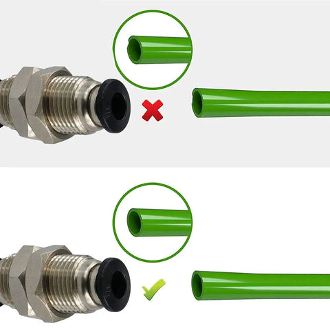 1/4 Inch Push To Connect Bulkhead Fittings 5 Pack Quick Connect Air Hose Union showing correct and incorrect insertion methods