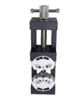 Heavy Duty Mini Vise Clamp For Drill Press Bench Made From Solid Aluminum Alloy With Self Adjusting Smart Grip viewed from front, showing design and clamp detail.