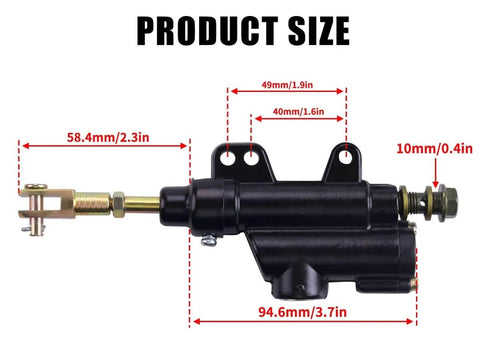 Rear Hydraulic Brake Master Cylinder 10mm For 50cc To 125cc ATVs And Dirt Bikes Beefed Up Braking With Tight Caliper Control Fits Taotao Roketa BMS Coolster Chinese ATVs Banjo Bolt 10mm Black Finish product dimensions shown in diagram.