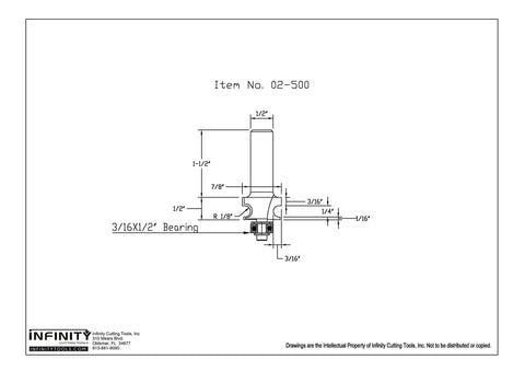 Technical drawing of Heavy Duty Edge Beading Router Bit With Half Inch Shank, Quarter Inch Bead, Seven Eighths Inch Cutting Diameter.