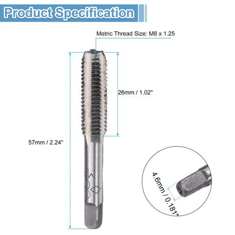 No Sweat M8 X 1.25 Metric Hand Taps 2 Pack, Heavy Duty 9crsi Steel taper with specifications for precise threading.