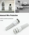Five Pack NPT Half Inch Waterproof Cable Gland with flexible spiral strain relief for 6-12mm wires in junction box setup
