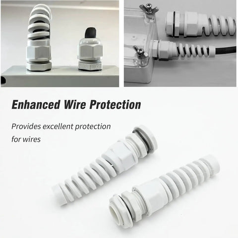 Five Pack NPT Half Inch Waterproof Cable Gland with flexible spiral strain relief for 6-12mm wires in junction box setup