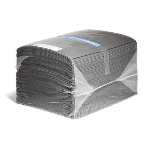 Stack of Premium Oil Absorbent Mat Pads 15 x 20 Inches, Heavy Duty 28 Oz Absorbency Per Pad, 100 Count in packaging
