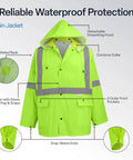 FrogWear GLO 8000 High Visibility Three Piece Rain Suit Unisex Waterproof Jacket with 3M tape and detachable hood, neon yellow.