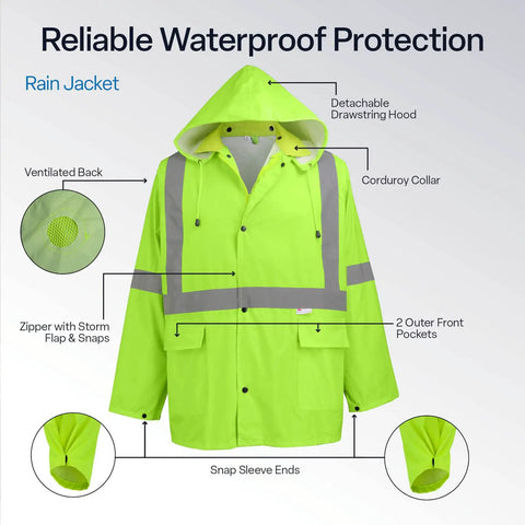 FrogWear GLO 8000 High Visibility Three Piece Rain Suit Unisex Waterproof Jacket with 3M tape and detachable hood, neon yellow.