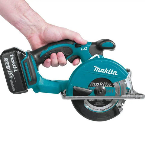 Game Changing 18V LXT Cordless Metal Cutter Shreds Steel Sheets Pipes Square Tubing And Unistrut 3600 RPM held in hand.