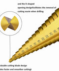 Close-up of Metric Step Drill Bit Set HSS Cone Bits, 3-Piece, 4-12mm to 4-32mm, showing double groove and size markings.