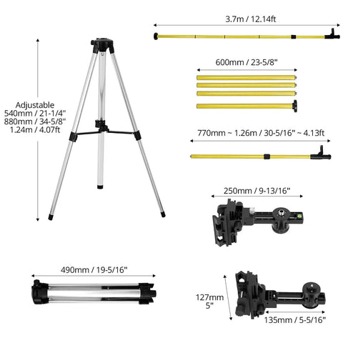Laser Level Pole Kit For Pros With A Twelve Foot Adjustable Telescoping Pole And Tripod Mounts setup overview