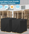 No Sweat Heavy Duty Waterproof Pallet Cover With Thick 600D Fabric And PU Back Coating double stitched seams fits standard pallets in storage.