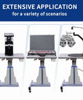Heavy Duty Motorized Lift Table With Wheels And Black Chassis For Medical Optics Dental Beauty Kit 26 To 32 Inches Adjustable Height Stand in use with medical equipment.