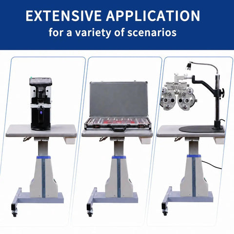 Heavy Duty Motorized Lift Table With Wheels And Black Chassis For Medical Optics Dental Beauty Kit 26 To 32 Inches Adjustable Height Stand in use with medical equipment.
