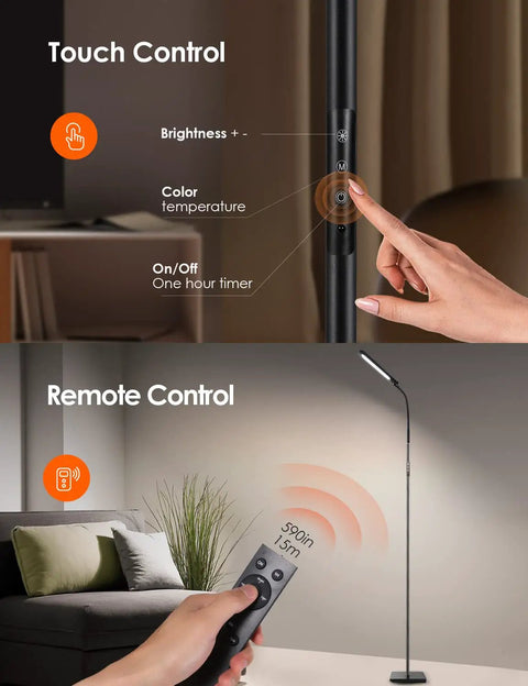 Touch and remote control features of the Dimmable LED Floor Lamp With Remote Control, Adjustable 3000K To 6500K Color Temperature