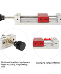 Aluminum CNC Bench Vise With 100mm Clamp Range For Repair And Assembly, polished oxidized finish, details of lead screw and clamp range