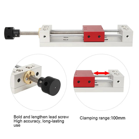 Aluminum CNC Bench Vise With 100mm Clamp Range For Repair And Assembly, polished oxidized finish, details of lead screw and clamp range