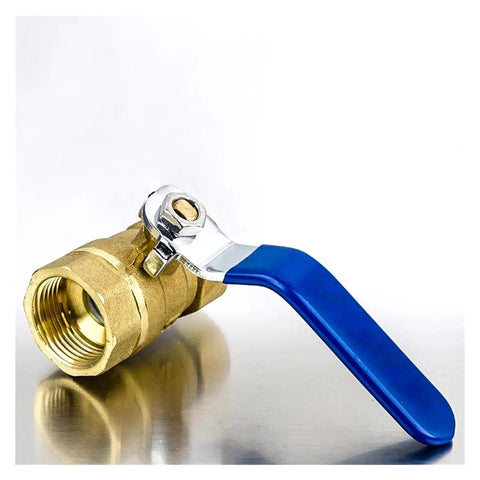 Built Tough Solid Brass BSP Thread Ball Valve With Heavy Duty Lever Handle And Cool Green Vinyl Grip For Foolproof Water Oil And Gas Line Plumbing Up to 300 Psi With Zero Drama at an angle showing brass valve and blue handle.