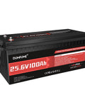 25.6V 100Ah LiFePO4 Battery For RVs, Solar, Off Grid And Backup Power, 2560Wh, front view of black and red battery case
