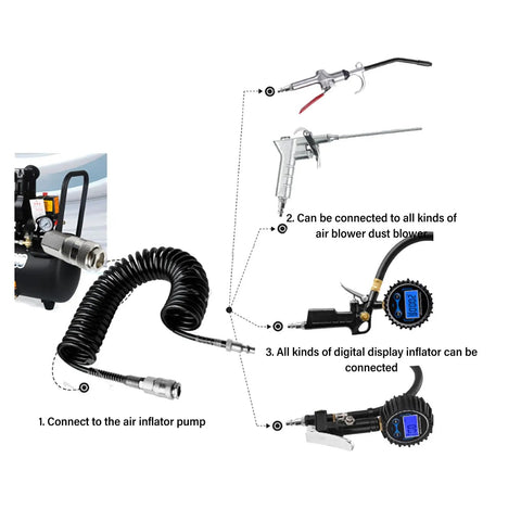 Tough As Nails 12 Meter Rubber And Steel Air Hose For Air Compressors with various adaptable tools and connectors.