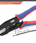 Ratcheting Crimping Tool For Non-Insulated Open Barrel Terminals And Receptacles with red and blue ergonomic grips, shown with terminals.