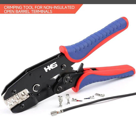 Ratcheting Crimping Tool For Non-Insulated Open Barrel Terminals And Receptacles with red and blue ergonomic grips, shown with terminals.