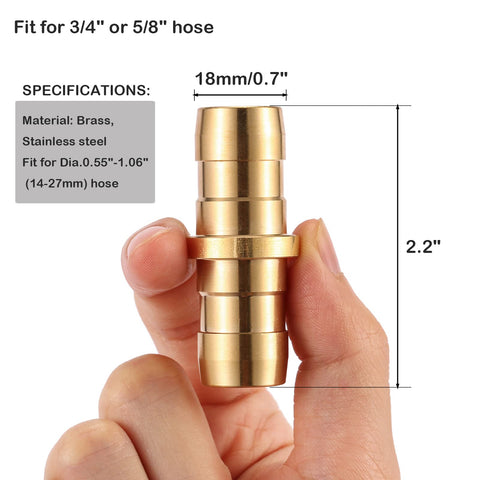 Brass Garden Hose Repair Connector With Clamps Fits Three Fourth Inch Or Five Eighth Inch Hoses held in hand showing size.