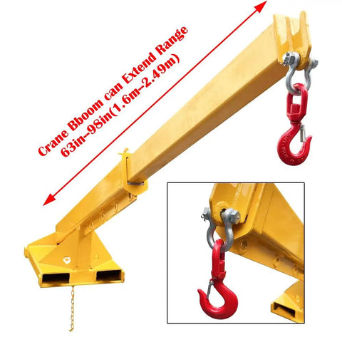 Workhorse 3 Ton Forklift Jib Boom Crane Telescopic Mount With Dual Forks 63 To 98 Inch Adjustable carbon steel boom with red hook.