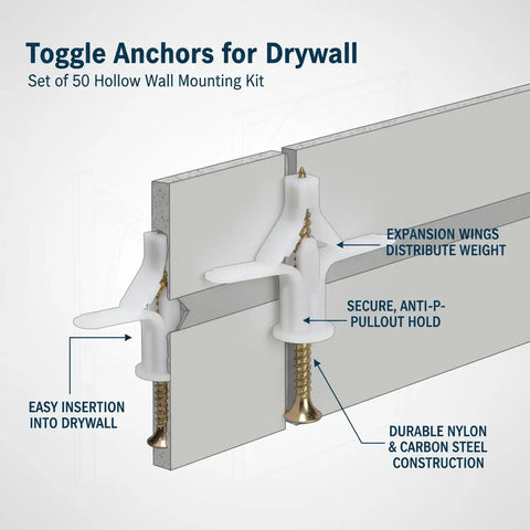 Diagram showing 50 Pack Drywall Toggle Anchors With Carbon Steel Screws in drywall, highlighting nylon hollow wall mount features.