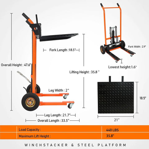 Compact Hydraulic Stackers For Tight Aisles, 440 Lbs Capacity Manual Pallet Jack With 35.8 Inch Lift, showing dimensions