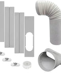 Ready To Go Portable AC Window Vent Kit With 5 Inch Hose 6 Piece Window Seal Set And Adjustable Sliding Window Plate For Portable Air Conditioners Fits 5 Inch Hoses 13 Cm And Keeps Cold Air In, showing all components including hose and seals.