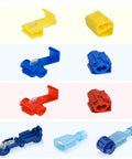 Assorted quick splice solderless wire connectors in blue, red, and yellow for 22 to 18, 18 to 14, 12 to 10 AWG cables.