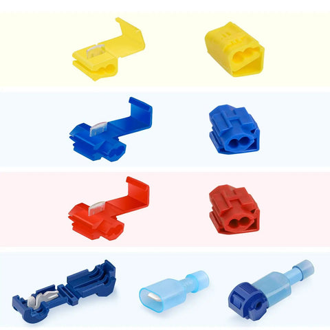Assorted quick splice solderless wire connectors in blue, red, and yellow for 22 to 18, 18 to 14, 12 to 10 AWG cables.