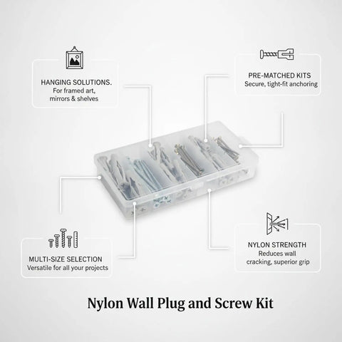Nylon Wall Plug And Screw Anchor Kit For Drywall Hollow Brick And Foam Block In White, displayed with features and packaging.