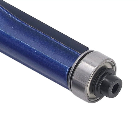 Close-up of Ycauty Tungsten Steel Flush Trim Router Bit with blue coating and 1/4 inch shank for wood and MDF cutting.