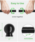 Close-up of adjustable curtain rod set 28 to 48 inch five eighth inch matte black with brackets and splicing metal rod detail
