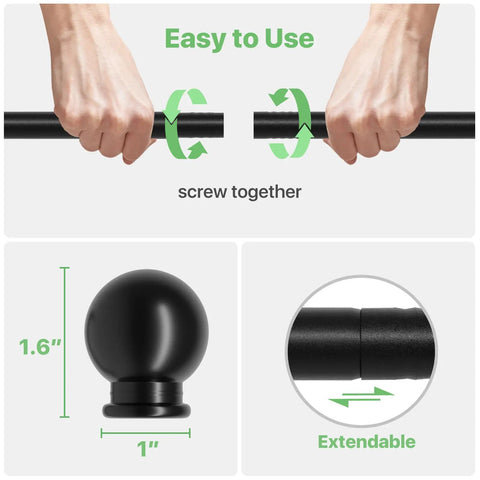 Close-up of adjustable curtain rod set 28 to 48 inch five eighth inch matte black with brackets and splicing metal rod detail