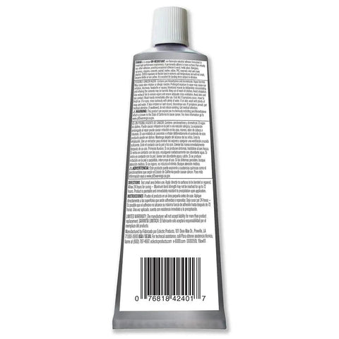 Back view of a tube of Clear Industrial Adhesive With UV Resistance For Outdoor Use Built For Tough Bonding And High Flexibility 3.7 Fluid Ounces Heavy Duty Glue For Wood Metal Plastic And More, showing text and barcode.