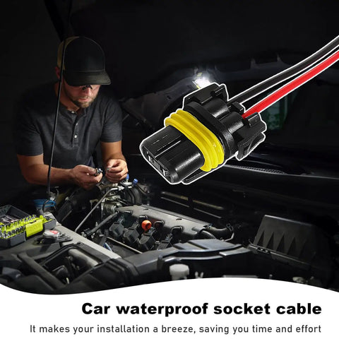 2 Pack 9005 9006 9012 HB3 HB4 Female Wiring Harness Sockets installed in car engine bay with mechanic working