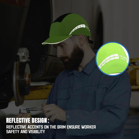 Mechanic wearing Lightweight Bump Cap With Breathable Baseball Cap Style For Work Hard Hat Alternative in lime green with ABS liner.