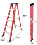 Heavy Duty 5 Step Fiberglass Ladder Foldable With Tool Tray Non Slip Wide Treads Rock Solid 330 Pound Load Capacity side and front view dimensions
