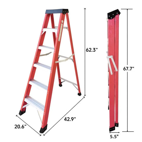 Heavy Duty 5 Step Fiberglass Ladder Foldable With Tool Tray Non Slip Wide Treads Rock Solid 330 Pound Load Capacity side and front view dimensions